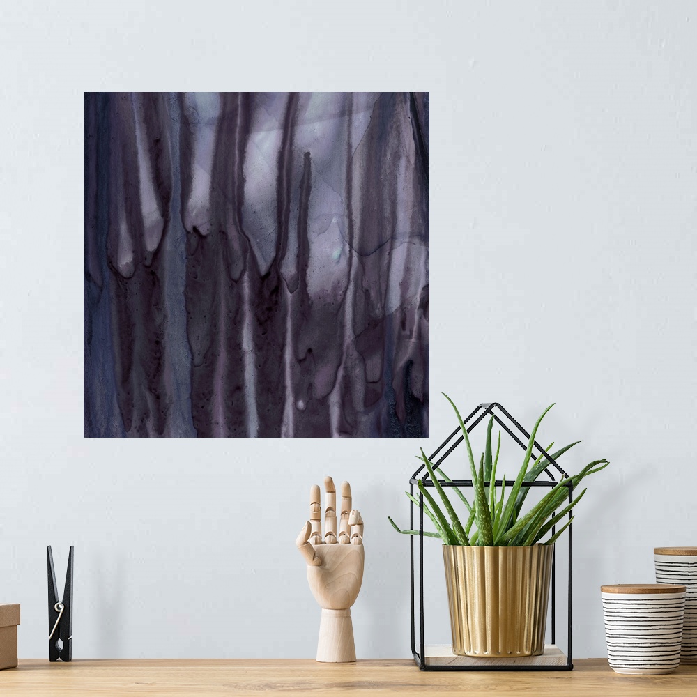 A bohemian room featuring Square abstract watercolor painting with thick, deep purple drips falling from the top to the bot...