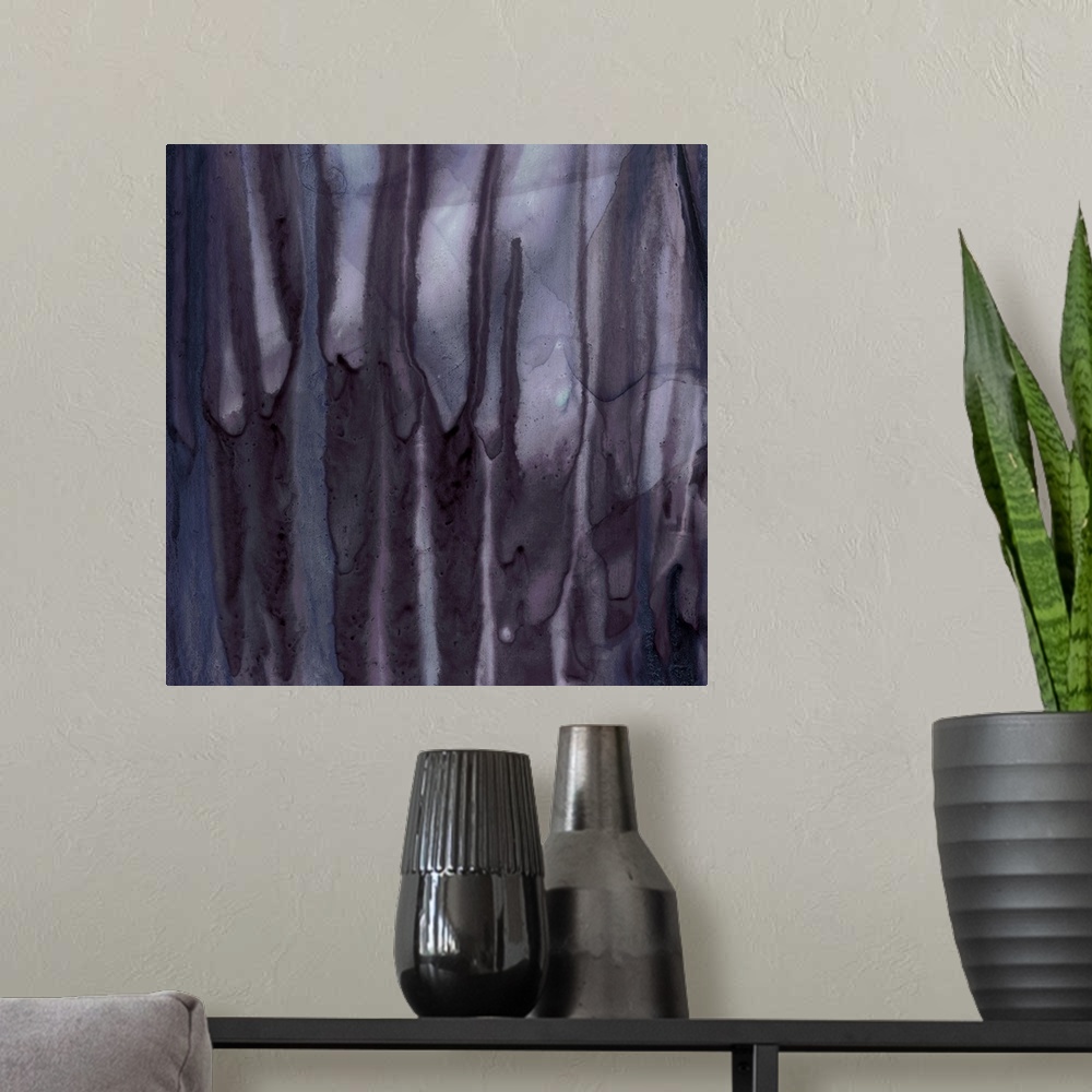 A modern room featuring Square abstract watercolor painting with thick, deep purple drips falling from the top to the bot...