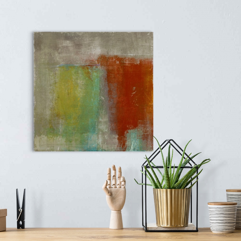 A bohemian room featuring Square abstract painting with a dark beige background and thick vertical yellow, green, blue, red...
