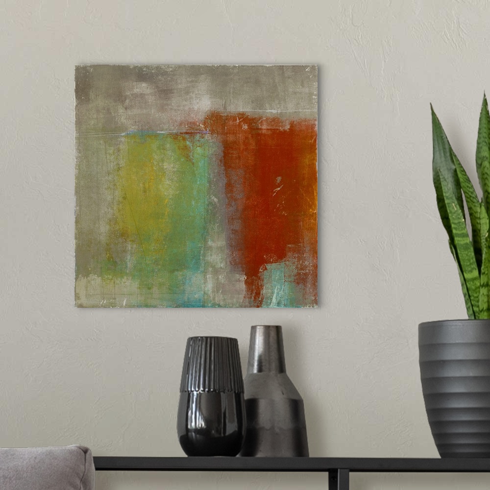 A modern room featuring Square abstract painting with a dark beige background and thick vertical yellow, green, blue, red...