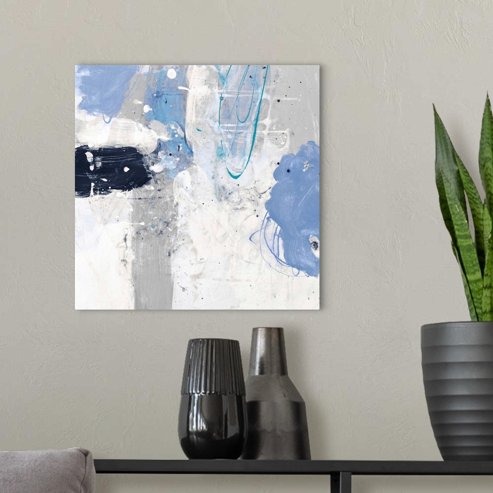 A modern room featuring A contemporary abstract painting using pale messy blue and white tones.