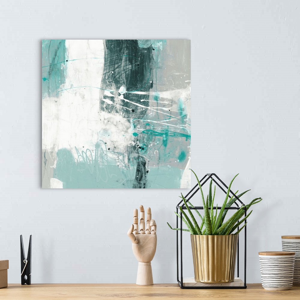 A bohemian room featuring A contemporary abstract painting using pale messy teal and white tones.