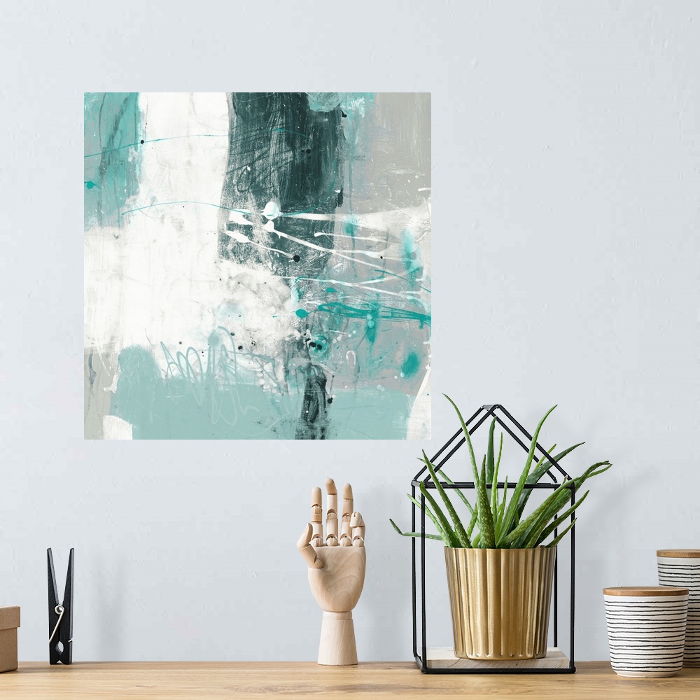 A bohemian room featuring A contemporary abstract painting using pale messy teal and white tones.