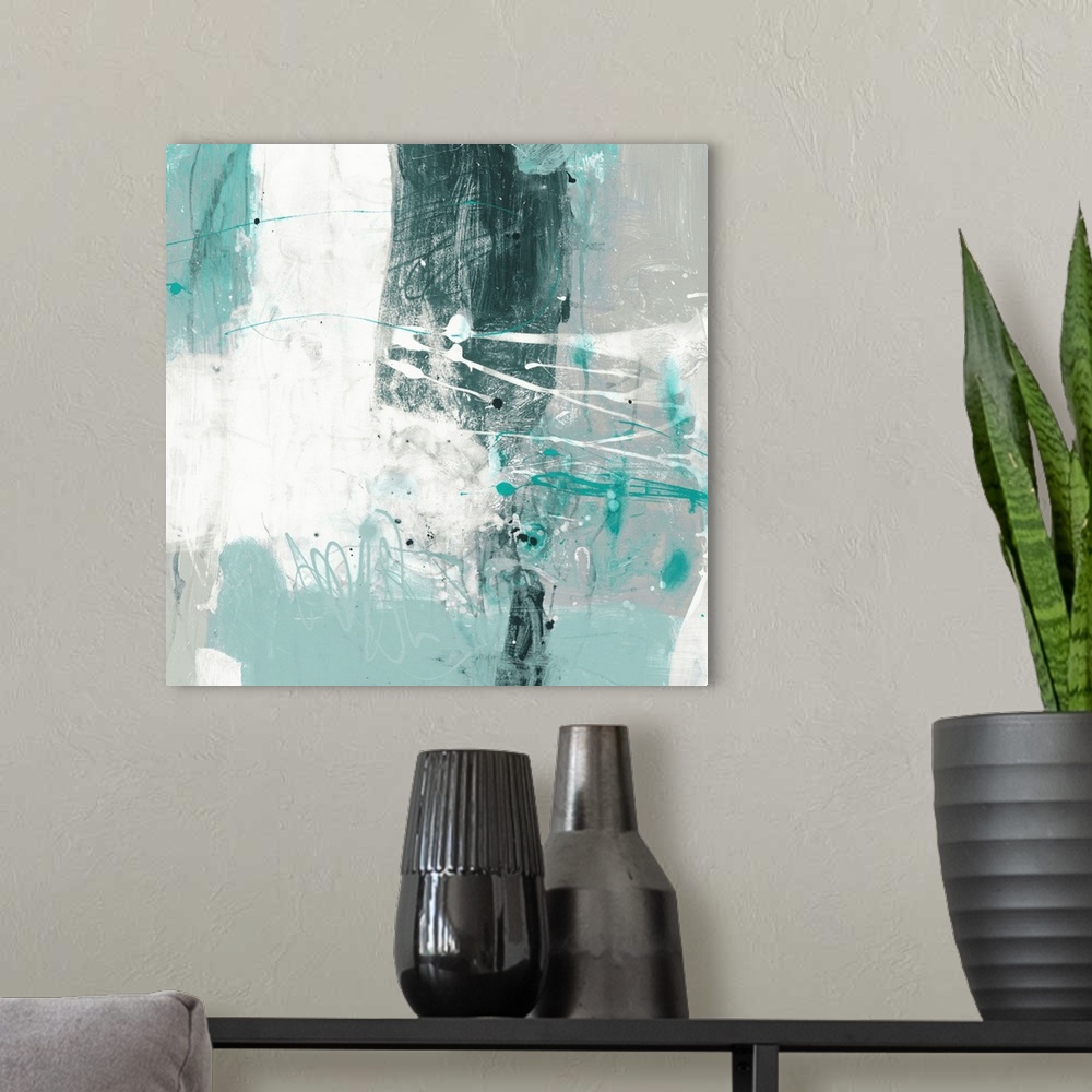 A modern room featuring A contemporary abstract painting using pale messy teal and white tones.