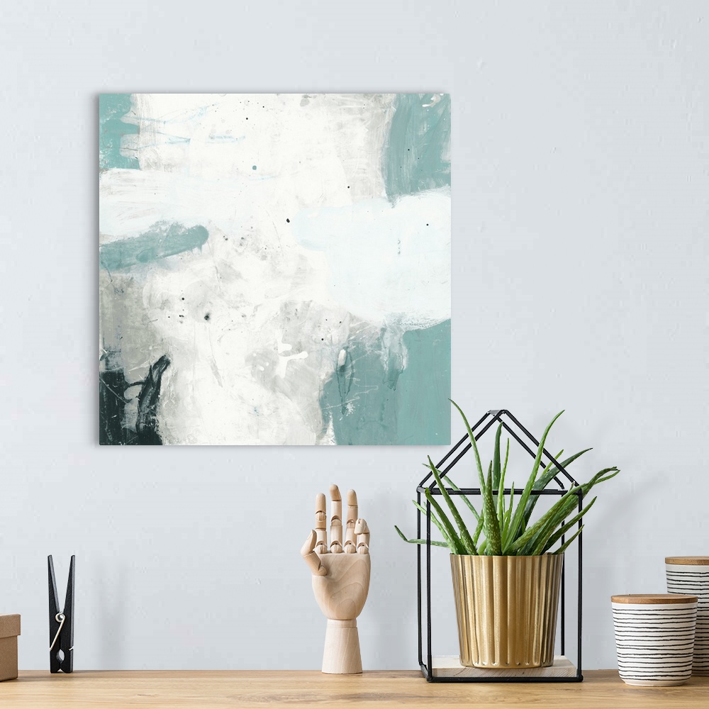 A bohemian room featuring A contemporary abstract painting using pale blue and off white.