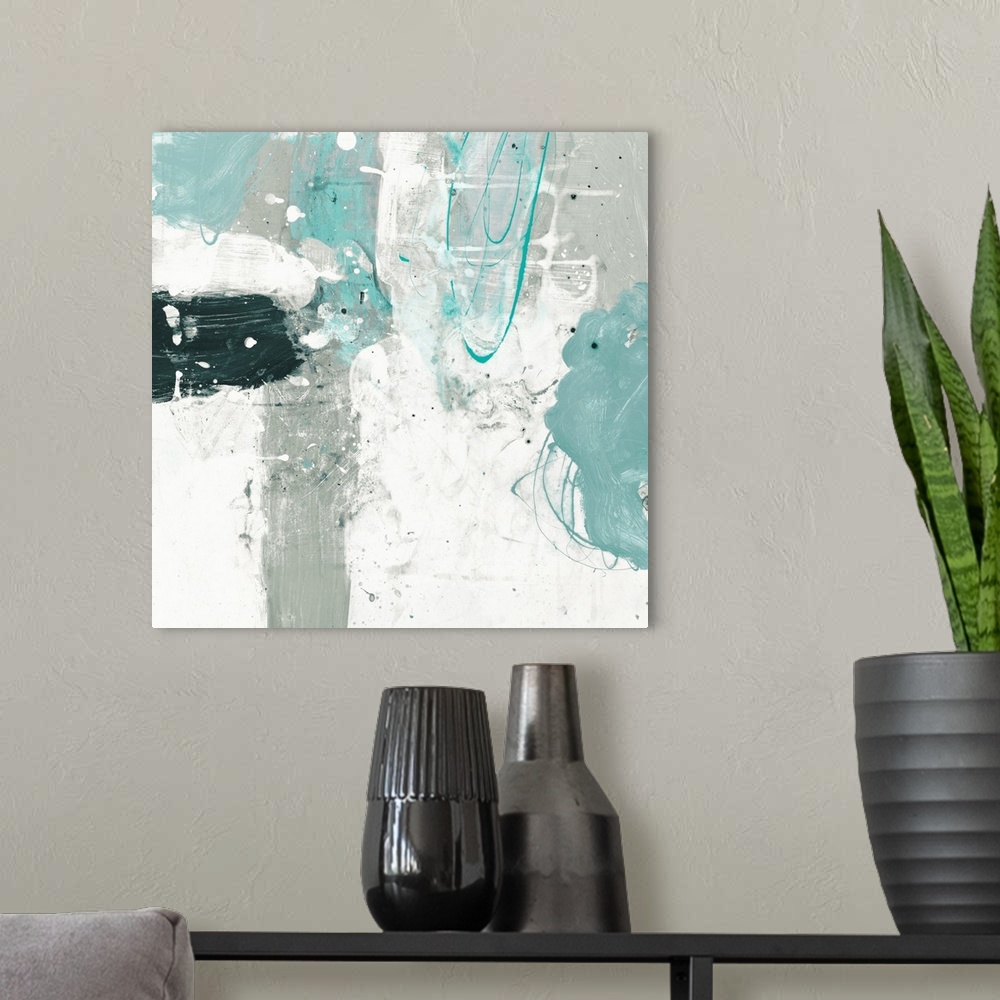 A modern room featuring A contemporary abstract painting using pale blue and off white.