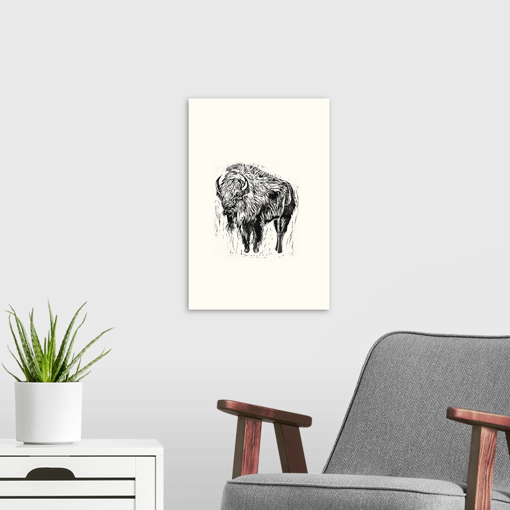A modern room featuring Black and white block print illustration of a bison on an off white background.