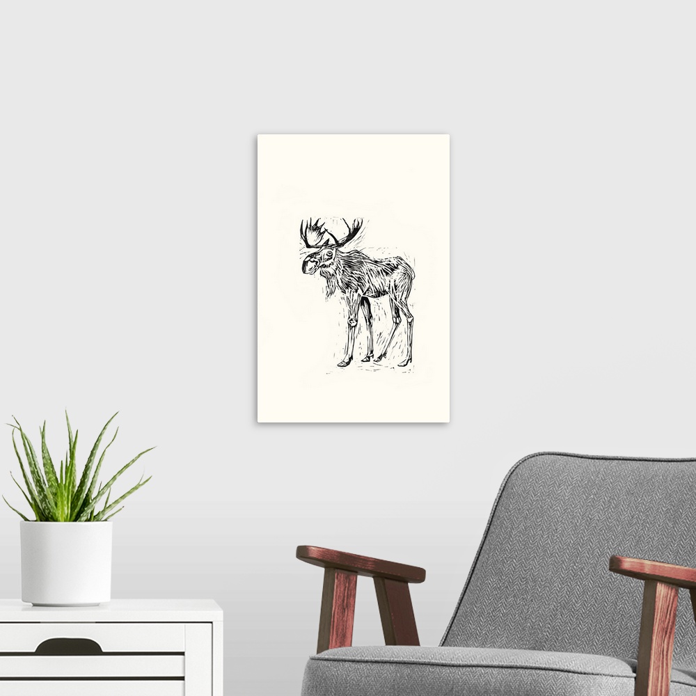 A modern room featuring Black and white block print illustration of a moose on an off white background.