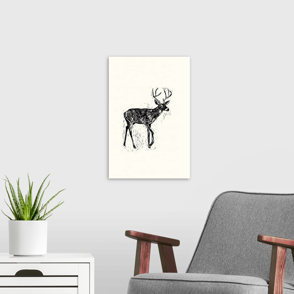 A modern room featuring Black and white block print illustration of a deer on an off white background.