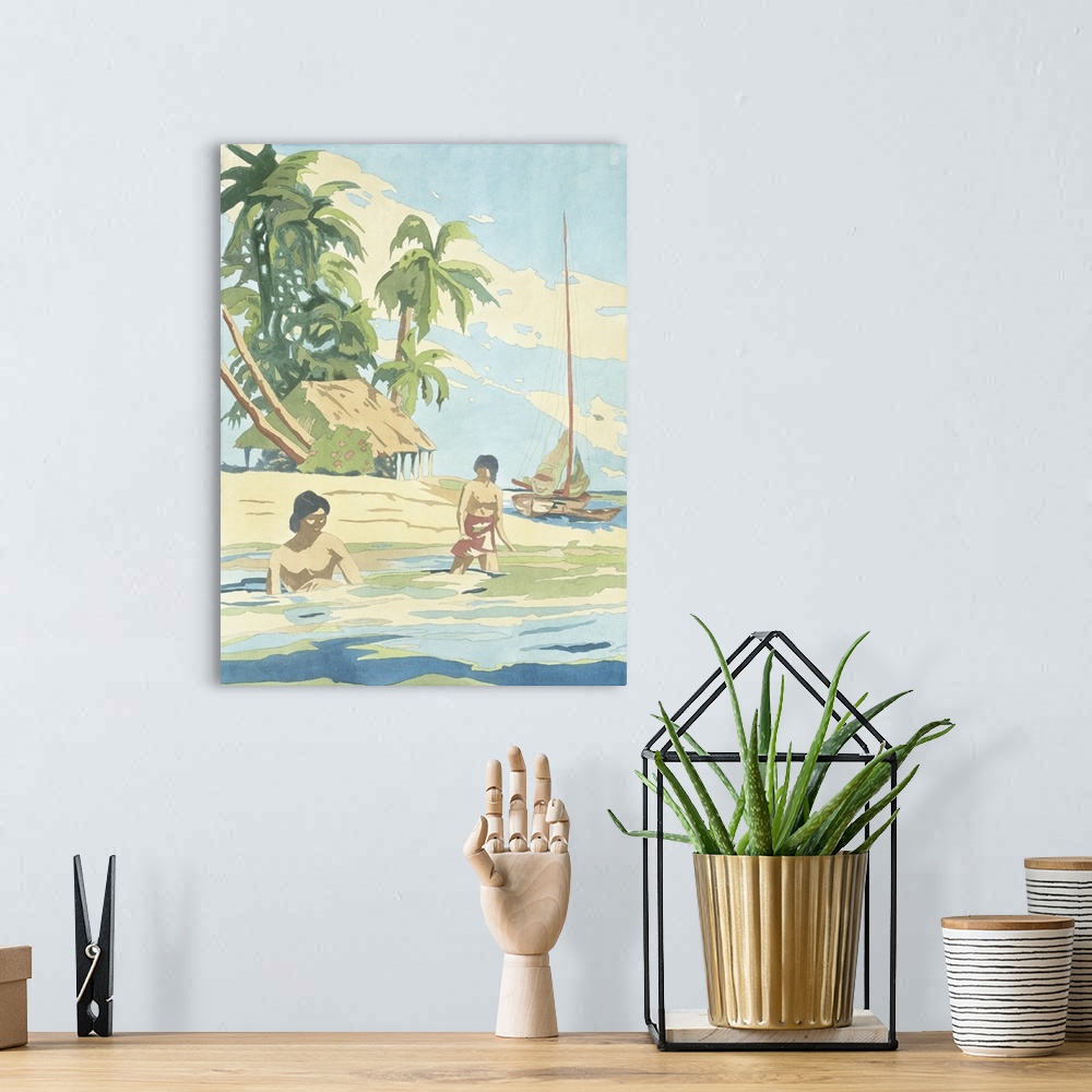 A bohemian room featuring Artwork of Polynesian islanders on the beach with traditional homes and boats.
