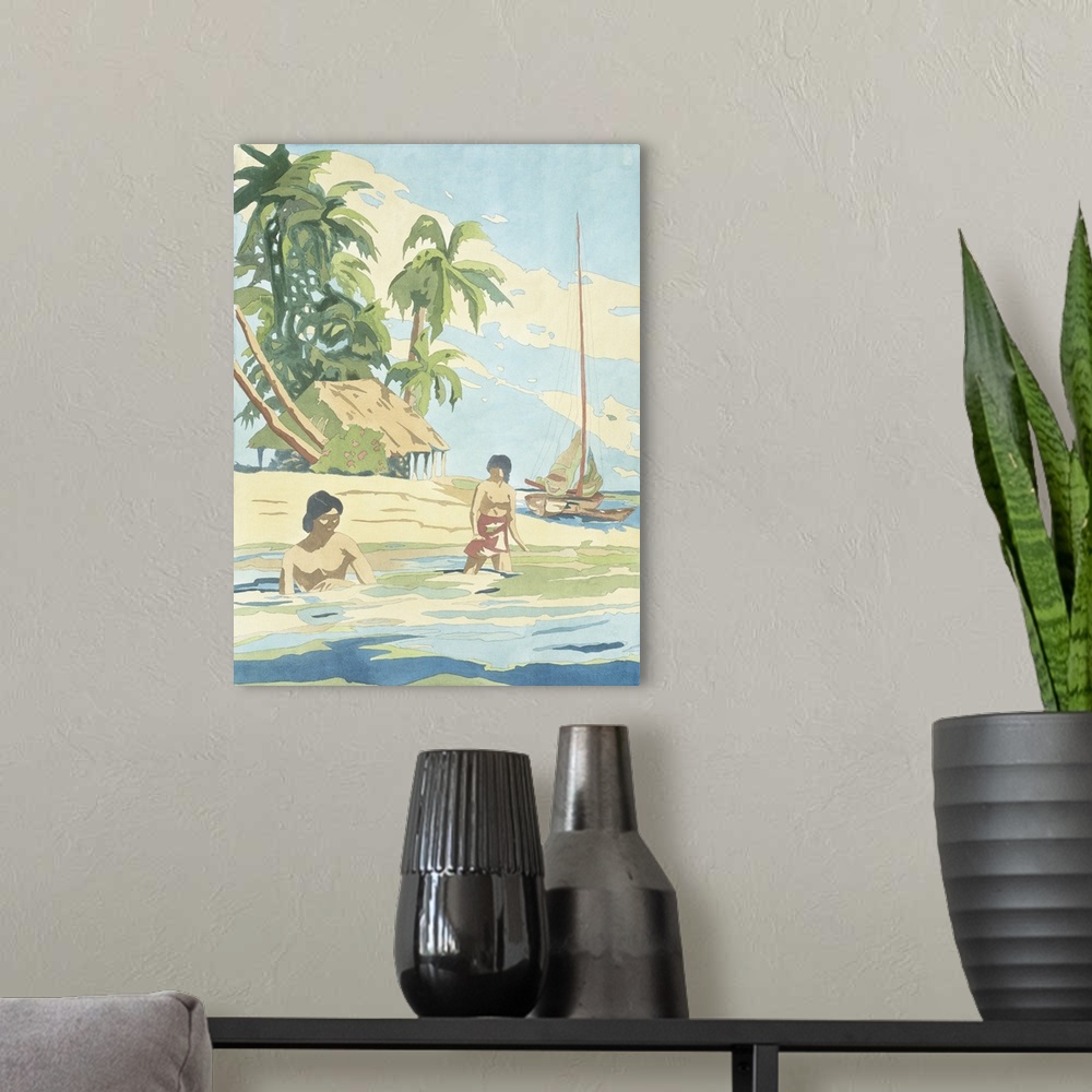 A modern room featuring Artwork of Polynesian islanders on the beach with traditional homes and boats.