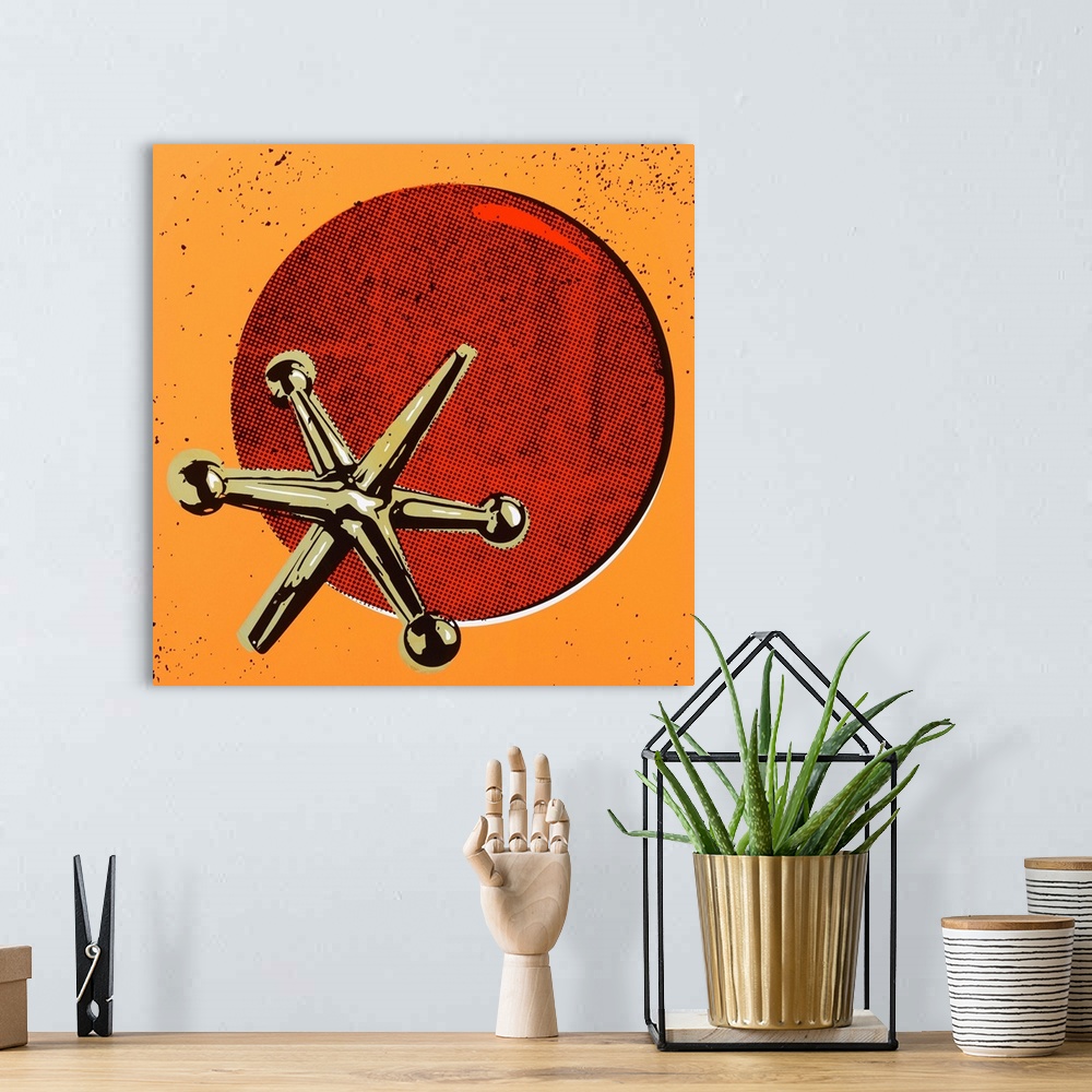 A bohemian room featuring Contemporary pop art style artwork of a jacks and ball set against an orange background.