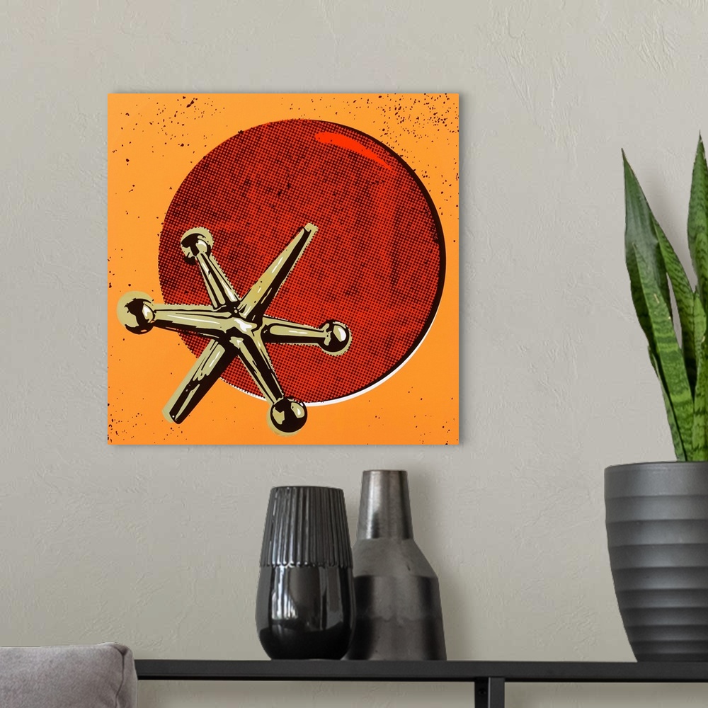 A modern room featuring Contemporary pop art style artwork of a jacks and ball set against an orange background.