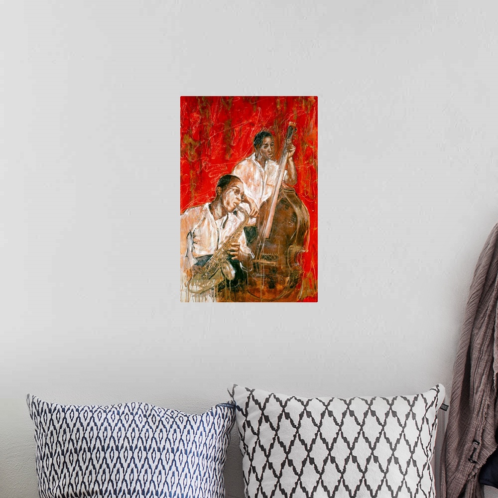 A bohemian room featuring Vertical, large contemporary painting of two African American Jazz musicians, one playing the sax...