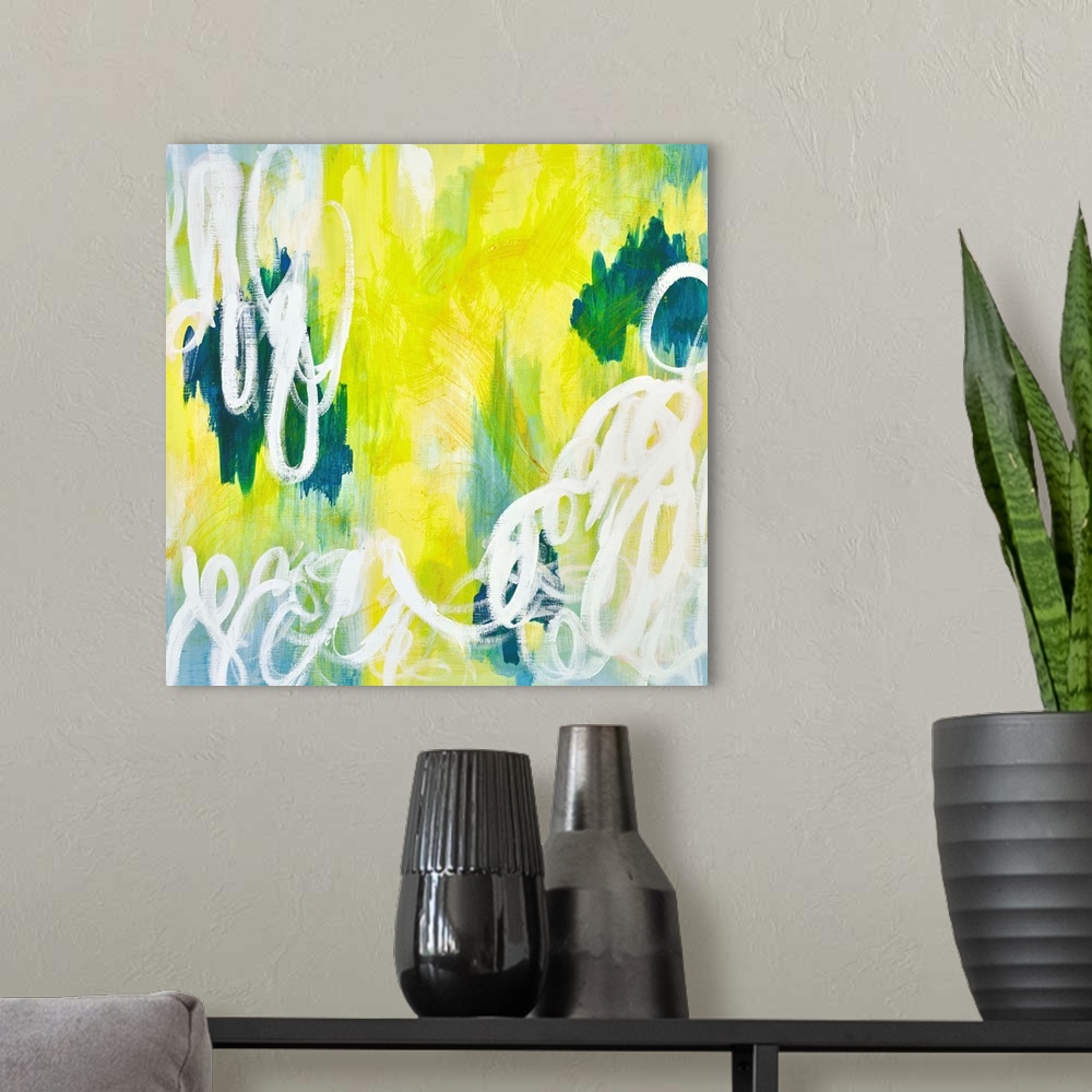 A modern room featuring Contemporary abstract retro stylized painting of white squiggles against a blue and neon yellow b...