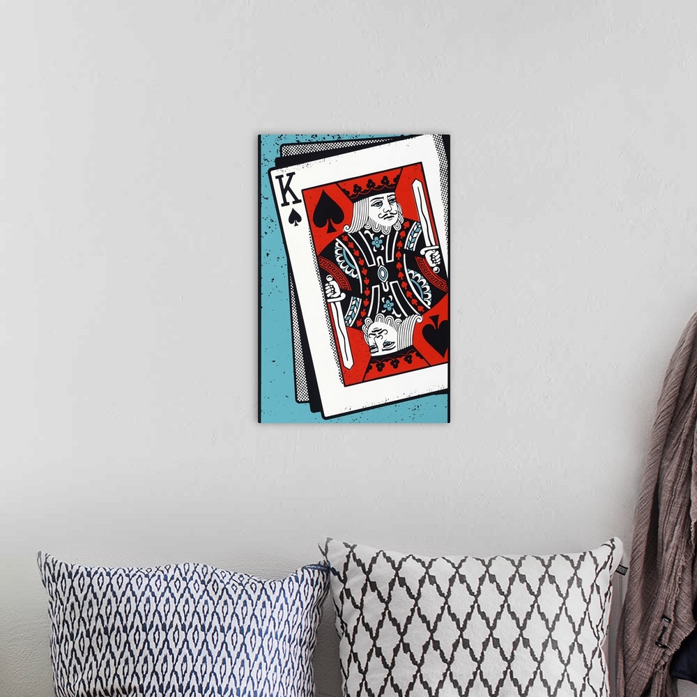 A bohemian room featuring Digital illustration of a King of spades on a teal background.
