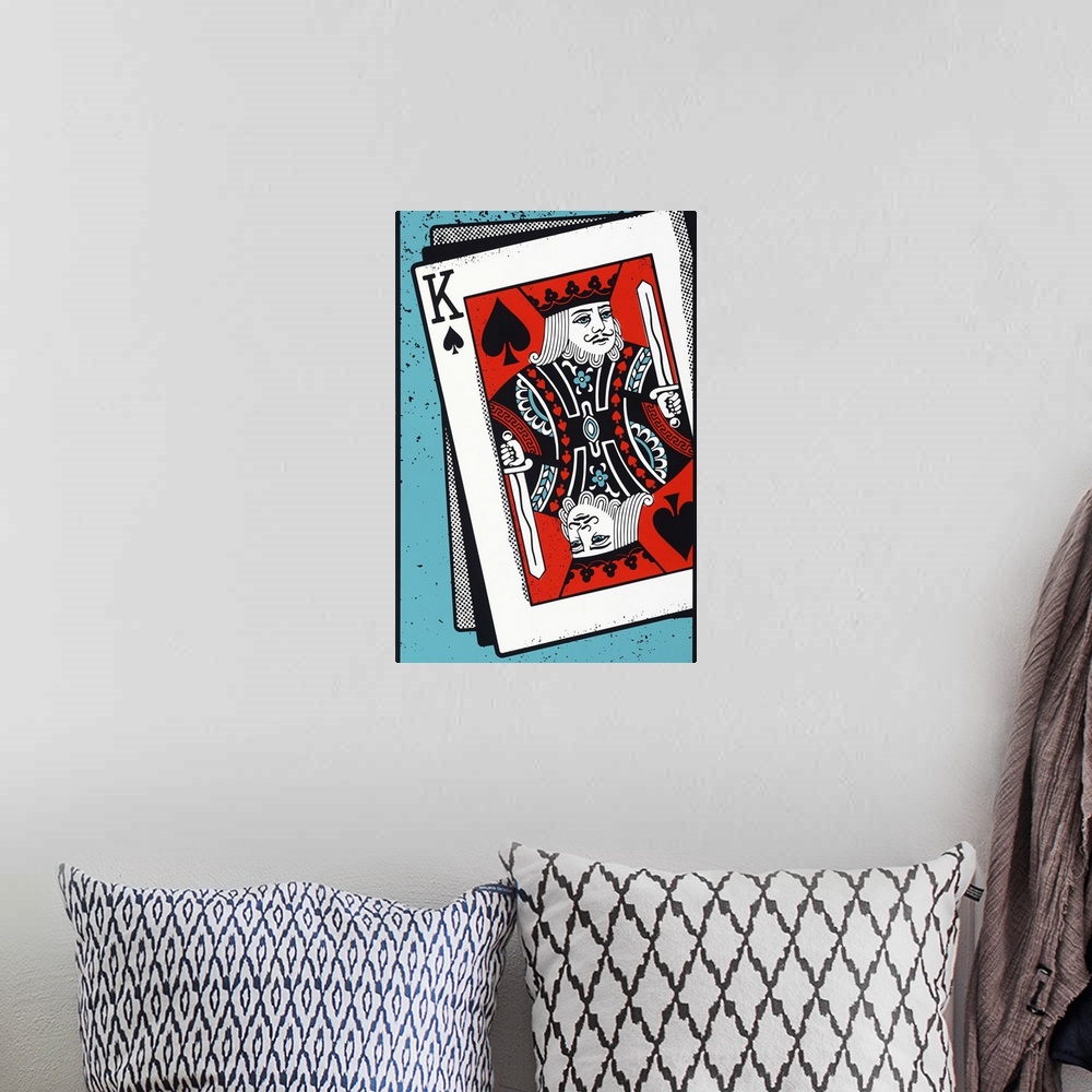 A bohemian room featuring Digital illustration of a King of spades on a teal background.