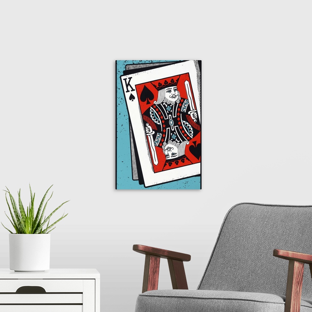 A modern room featuring Digital illustration of a King of spades on a teal background.