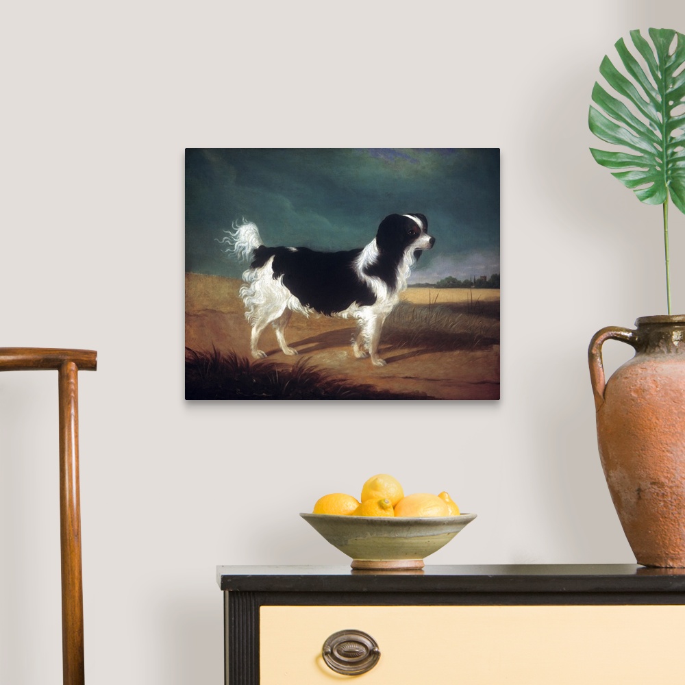 A traditional room featuring Classic painting of a black and white King Charles Spaniel dog.