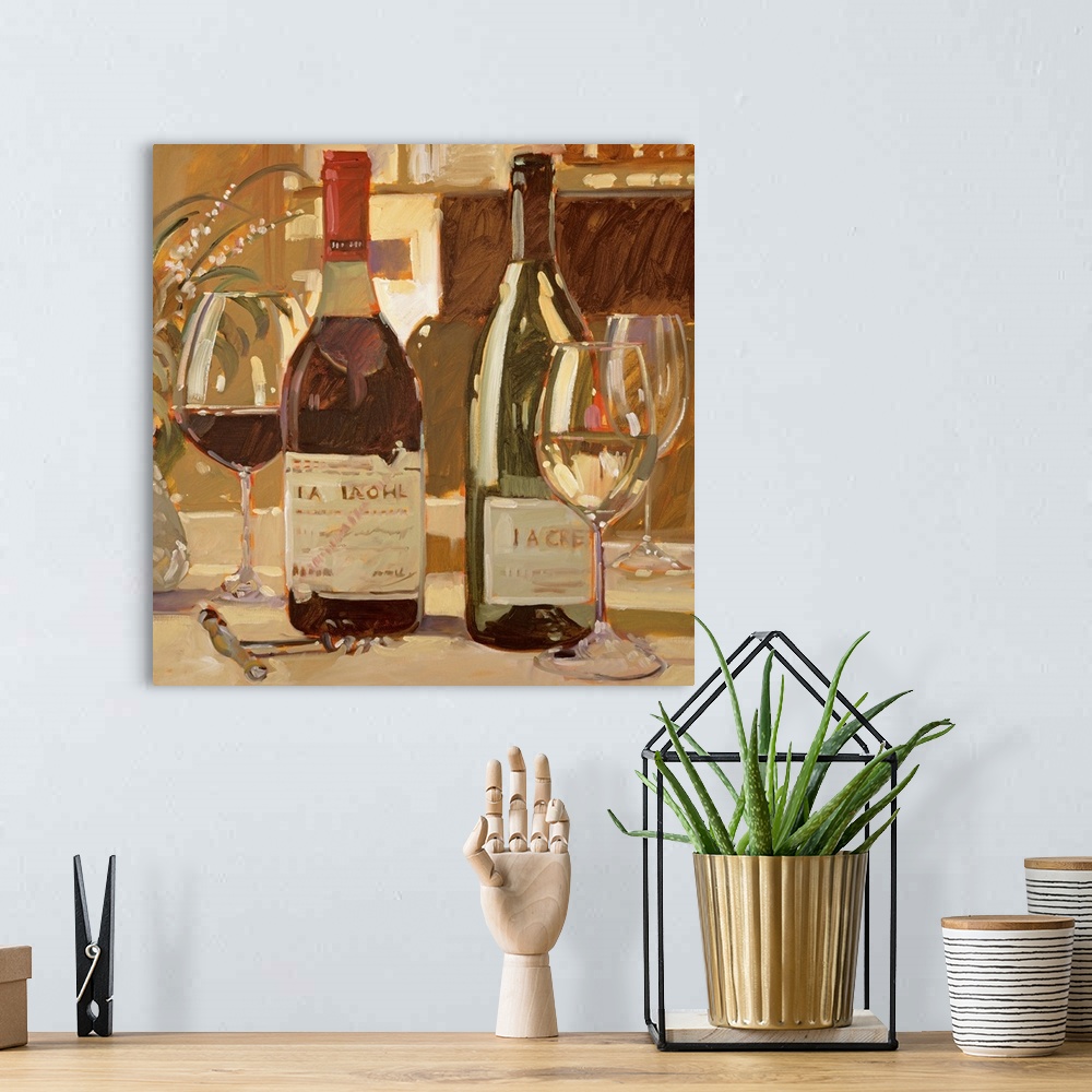 A bohemian room featuring Square painting on a big canvas of two bottles of wine on a table, one red and one white, with a ...