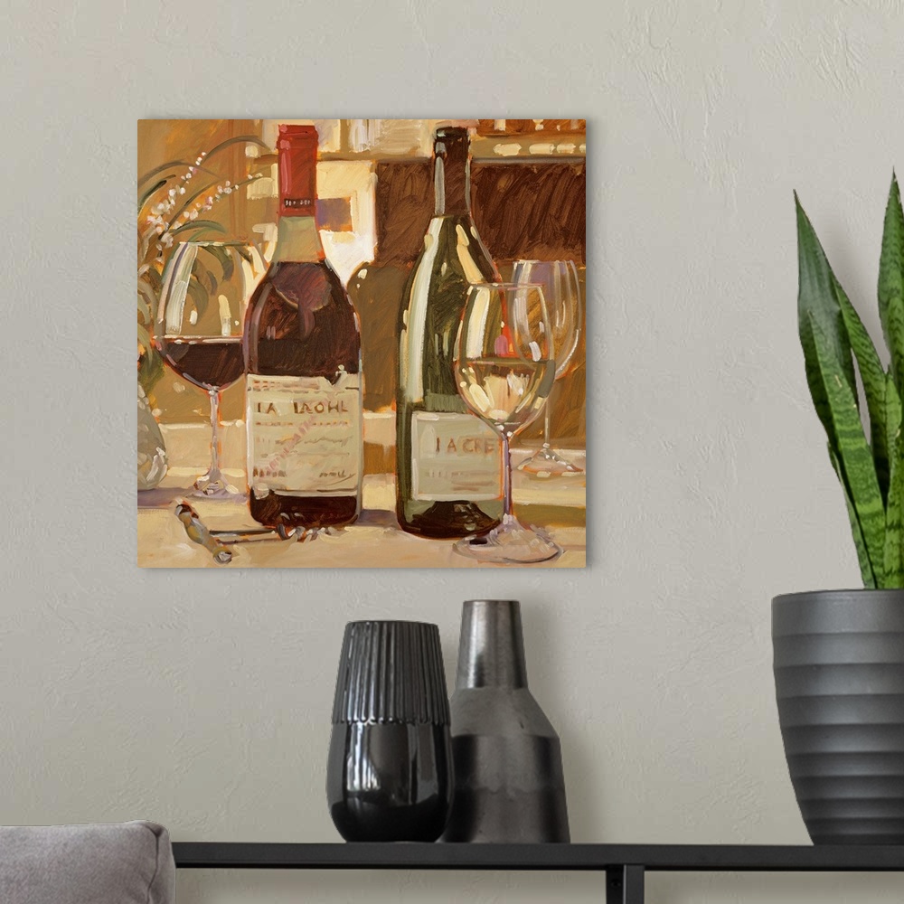 A modern room featuring Square painting on a big canvas of two bottles of wine on a table, one red and one white, with a ...