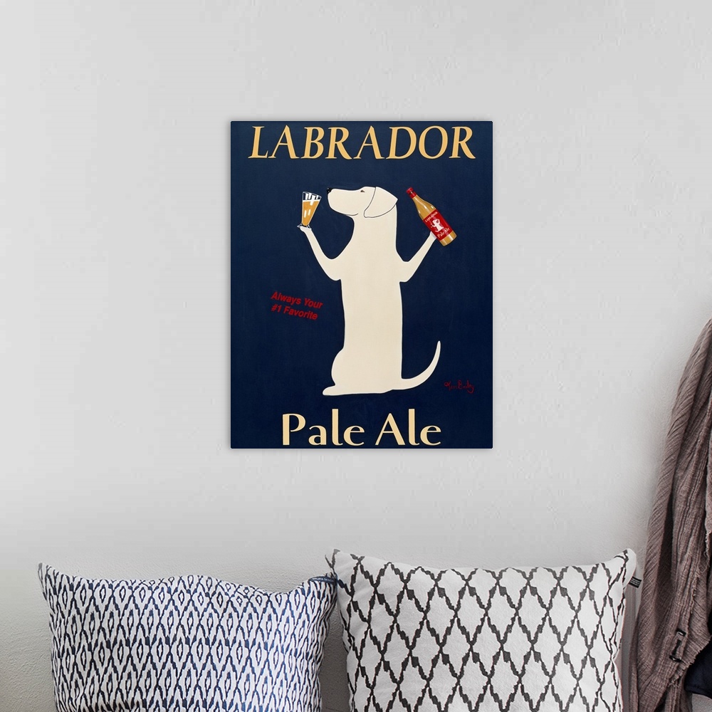 A bohemian room featuring Playful poster art work featuring a dog holding a beer bottle in one paw and a glass of alcohol I...