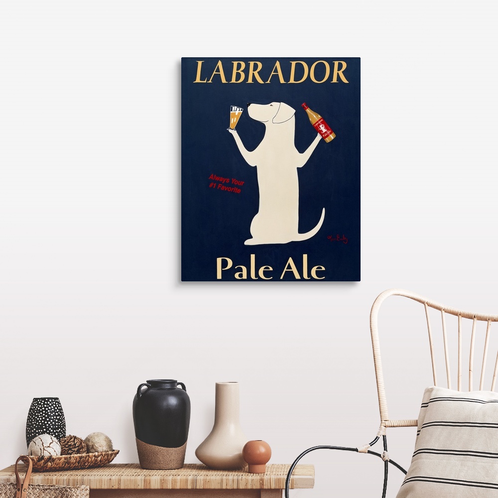 A farmhouse room featuring Playful poster art work featuring a dog holding a beer bottle in one paw and a glass of alcohol I...
