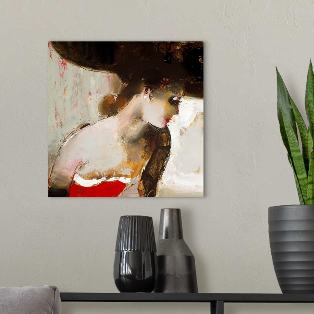 A modern room featuring A contemporary square shaped painting of a woman created with unspecific shapes and brushstrokes.