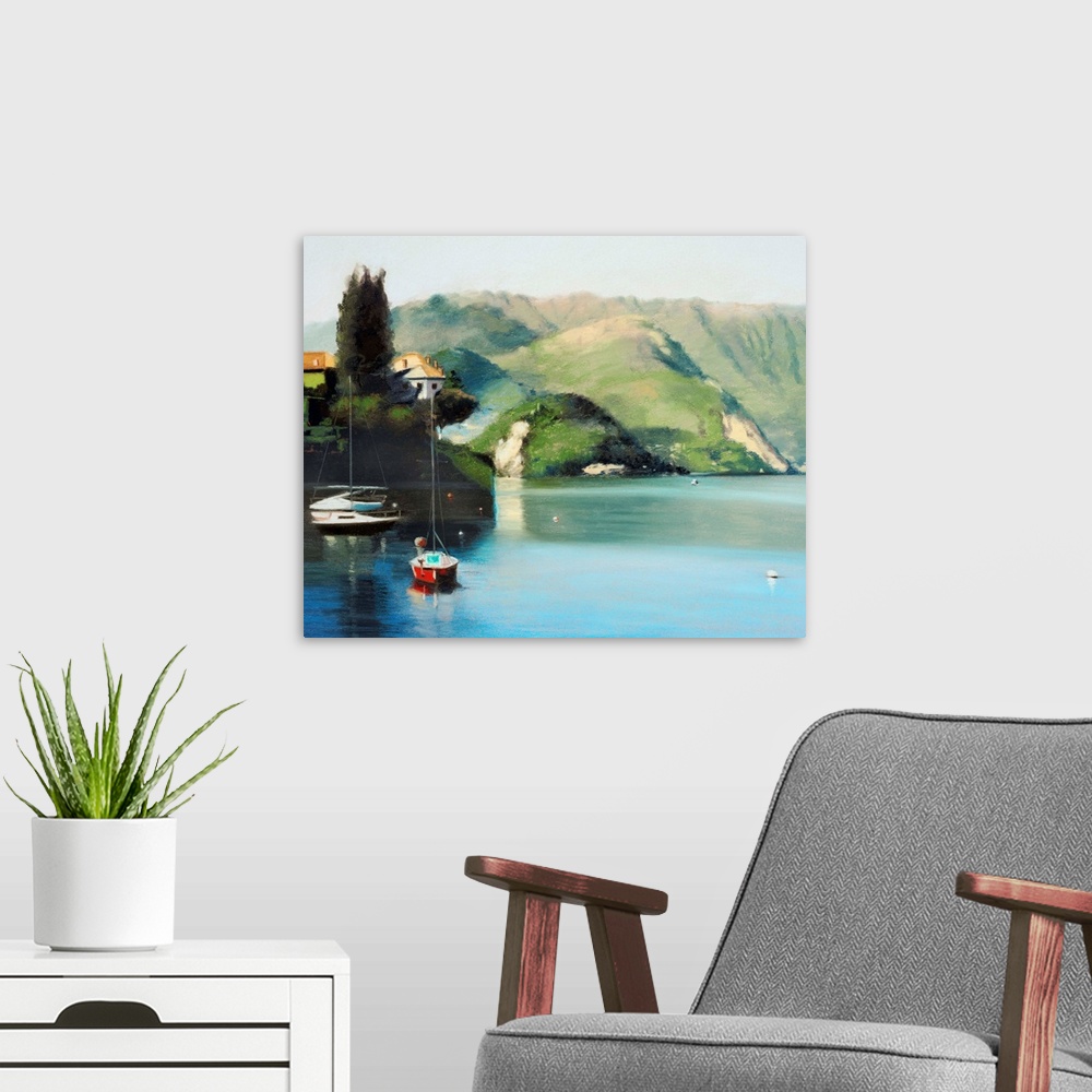 A modern room featuring Lake Como