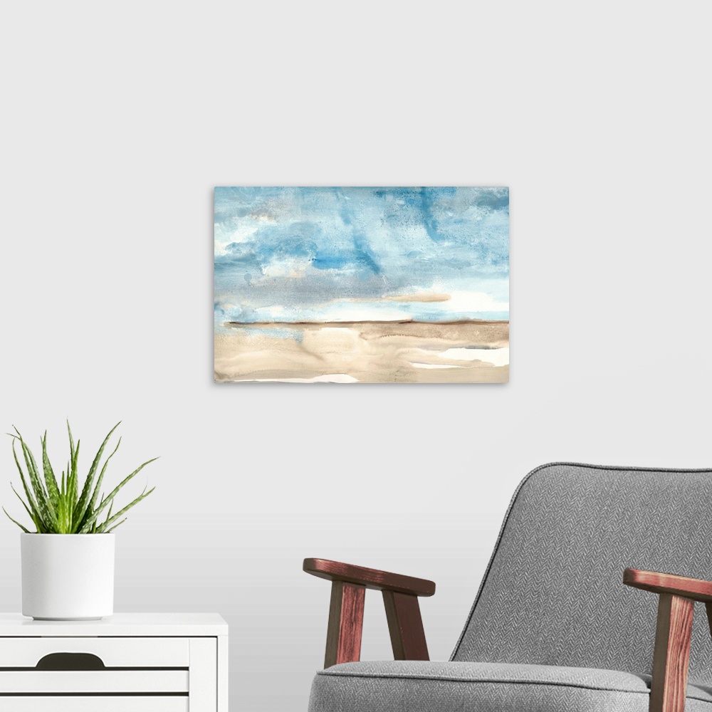 A modern room featuring Contemporary landscape watercolor painting with a blue sky and beige ground.