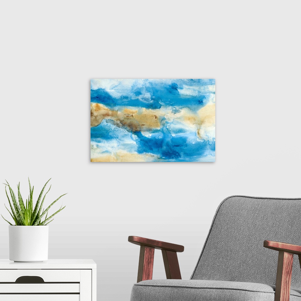 A modern room featuring Contemporary landscape watercolor painting in shades of blue and brown hues.