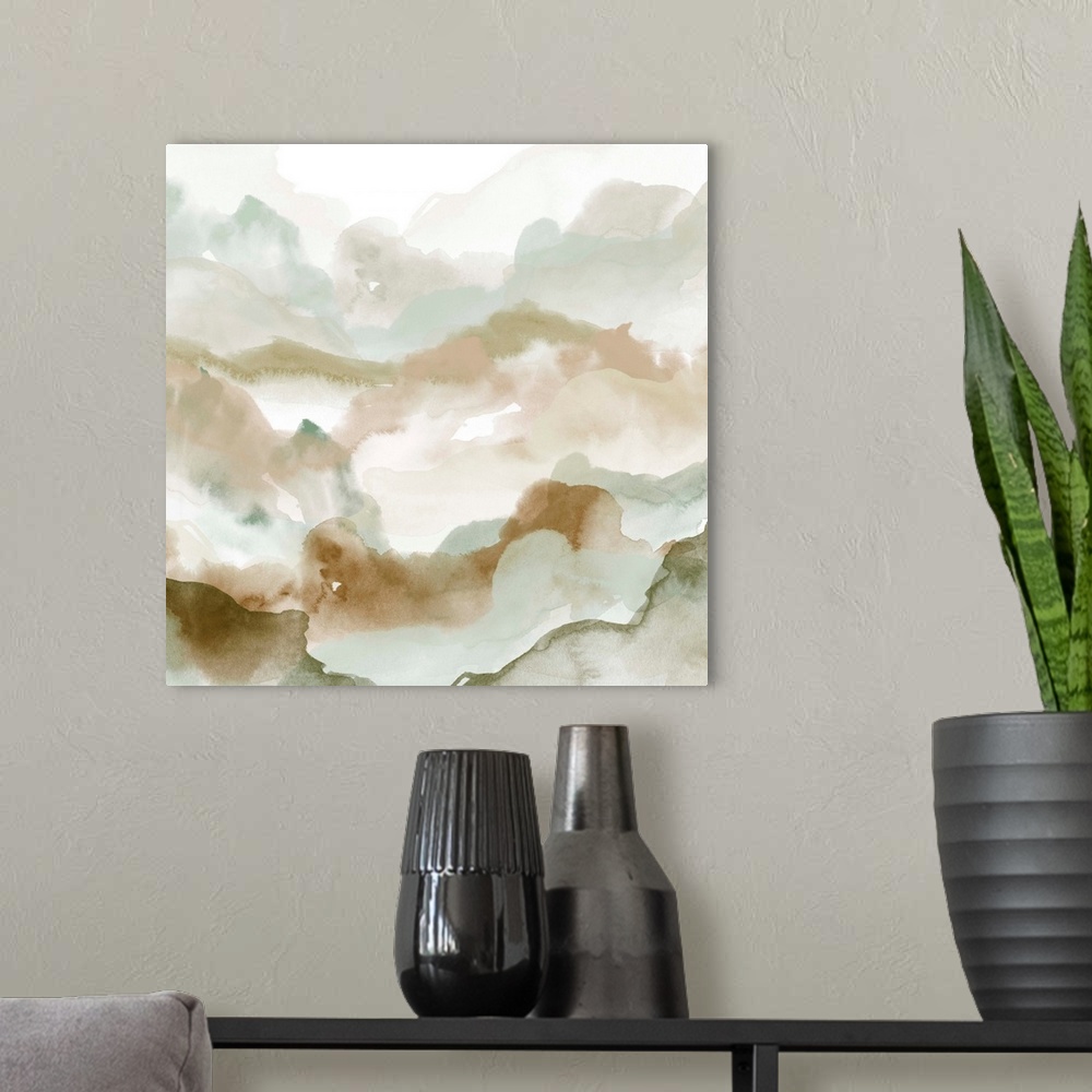 A modern room featuring A contemporary abstract watercolor painting resembling a landscape vista.