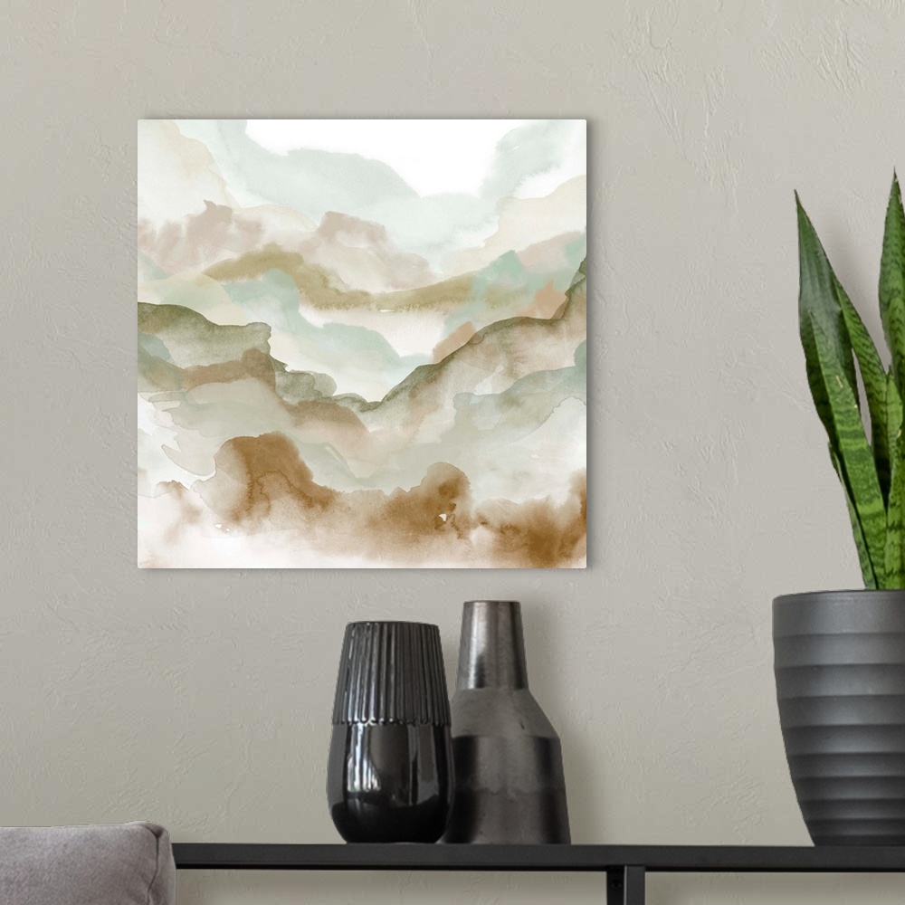 A modern room featuring A contemporary abstract watercolor painting resembling a landscape vista.
