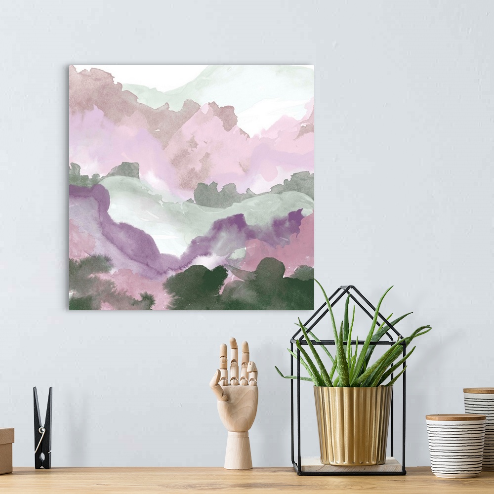 A bohemian room featuring A contemporary abstract watercolor painting resembling a landscape vista.