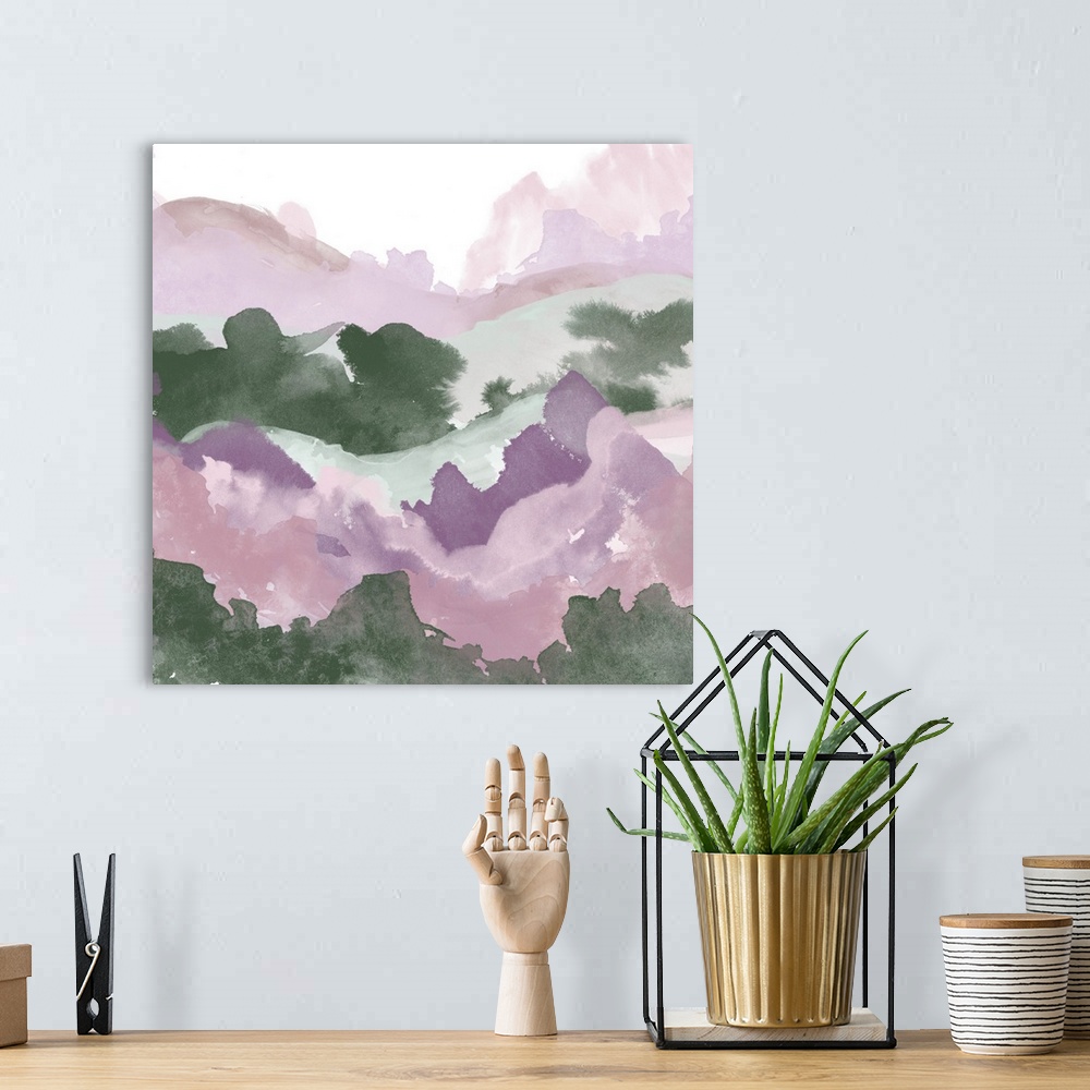 A bohemian room featuring A contemporary abstract watercolor painting resembling a landscape vista.