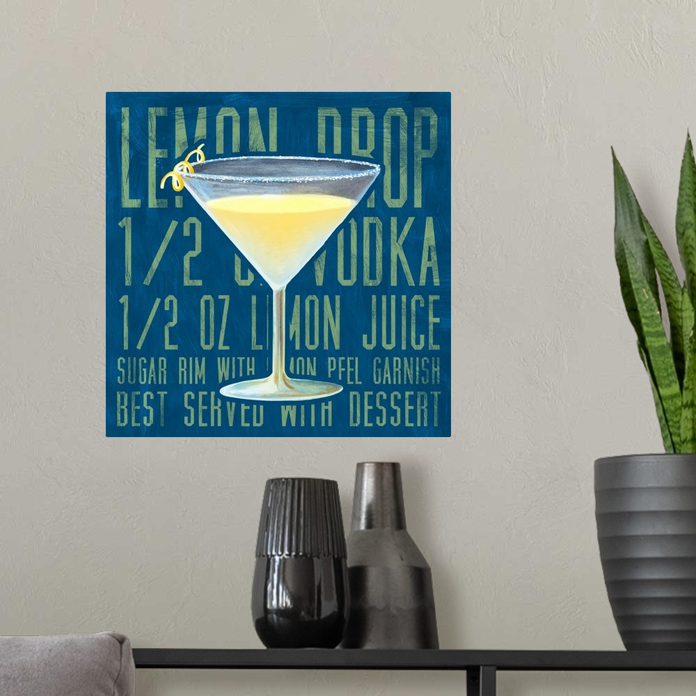A modern room featuring Contemporary artwork of a cocktail against a background of the recipe to make the drink.
