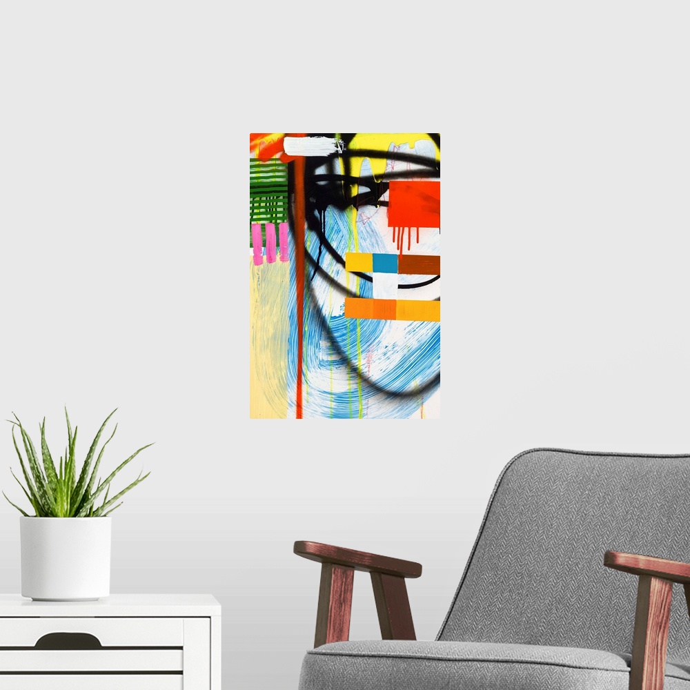 A modern room featuring Abstract geometric design in bright primary colors.