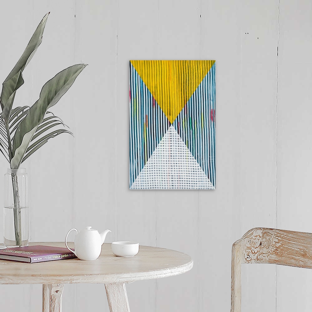 A farmhouse room featuring Abstract geometric pattern in bright primary colors.