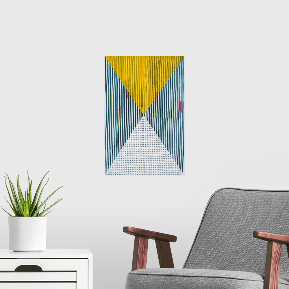A modern room featuring Abstract geometric pattern in bright primary colors.