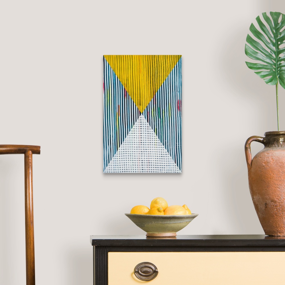 A traditional room featuring Abstract geometric pattern in bright primary colors.