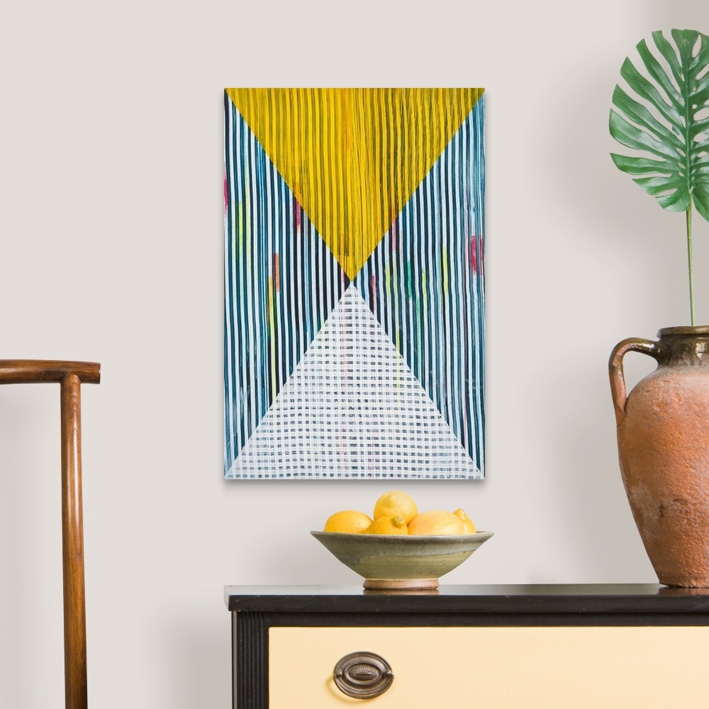 A traditional room featuring Abstract geometric pattern in bright primary colors.