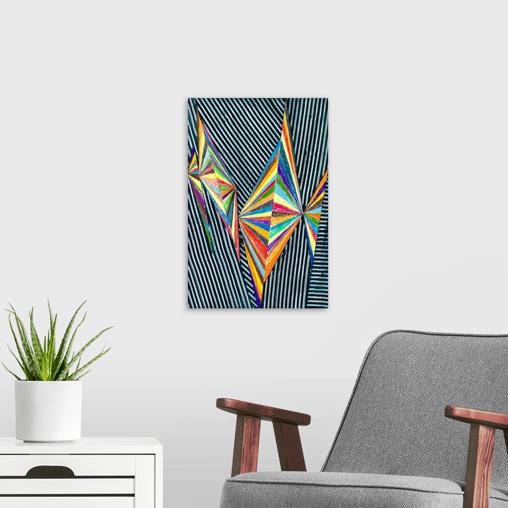 A modern room featuring Abstract geometric design in bright rainbow colors.