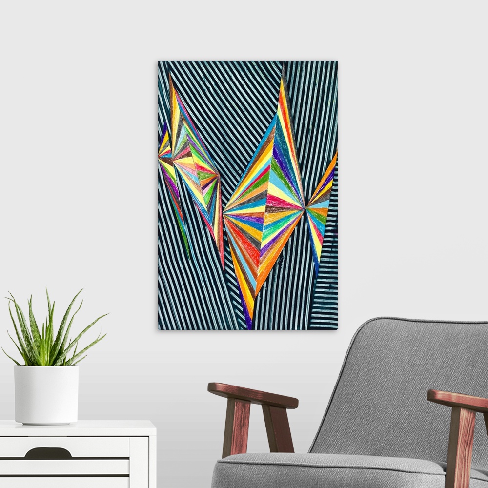 A modern room featuring Abstract geometric design in bright rainbow colors.