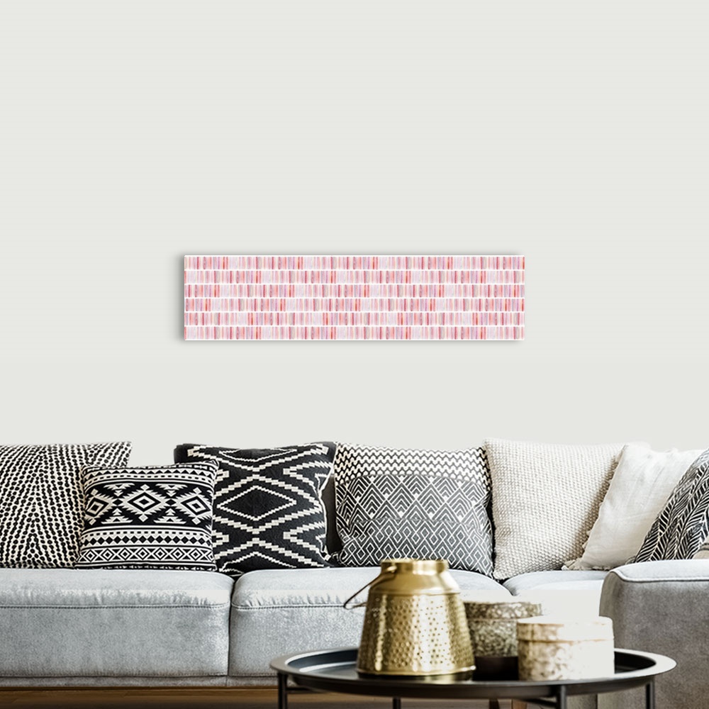 A bohemian room featuring Large panoramic abstract watercolor painting with geometric patterns in shades of red, pink, purp...