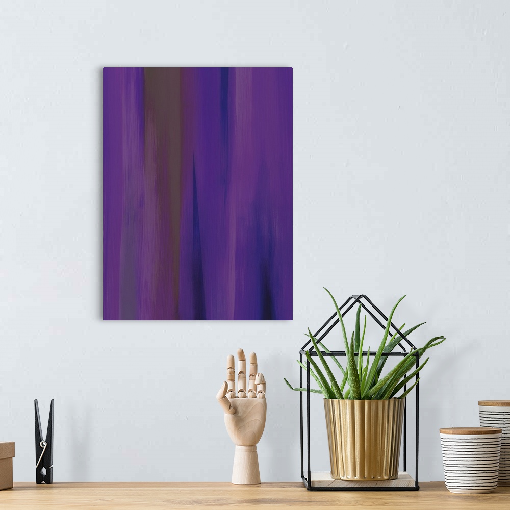 A bohemian room featuring A contemporary abstract painting of blurred purple vertical movement.
