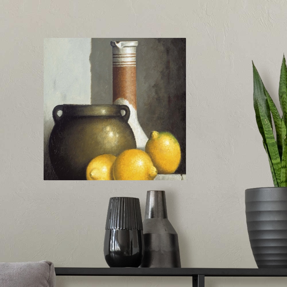 A modern room featuring A contemporary painting of a still life of vases and fruit.