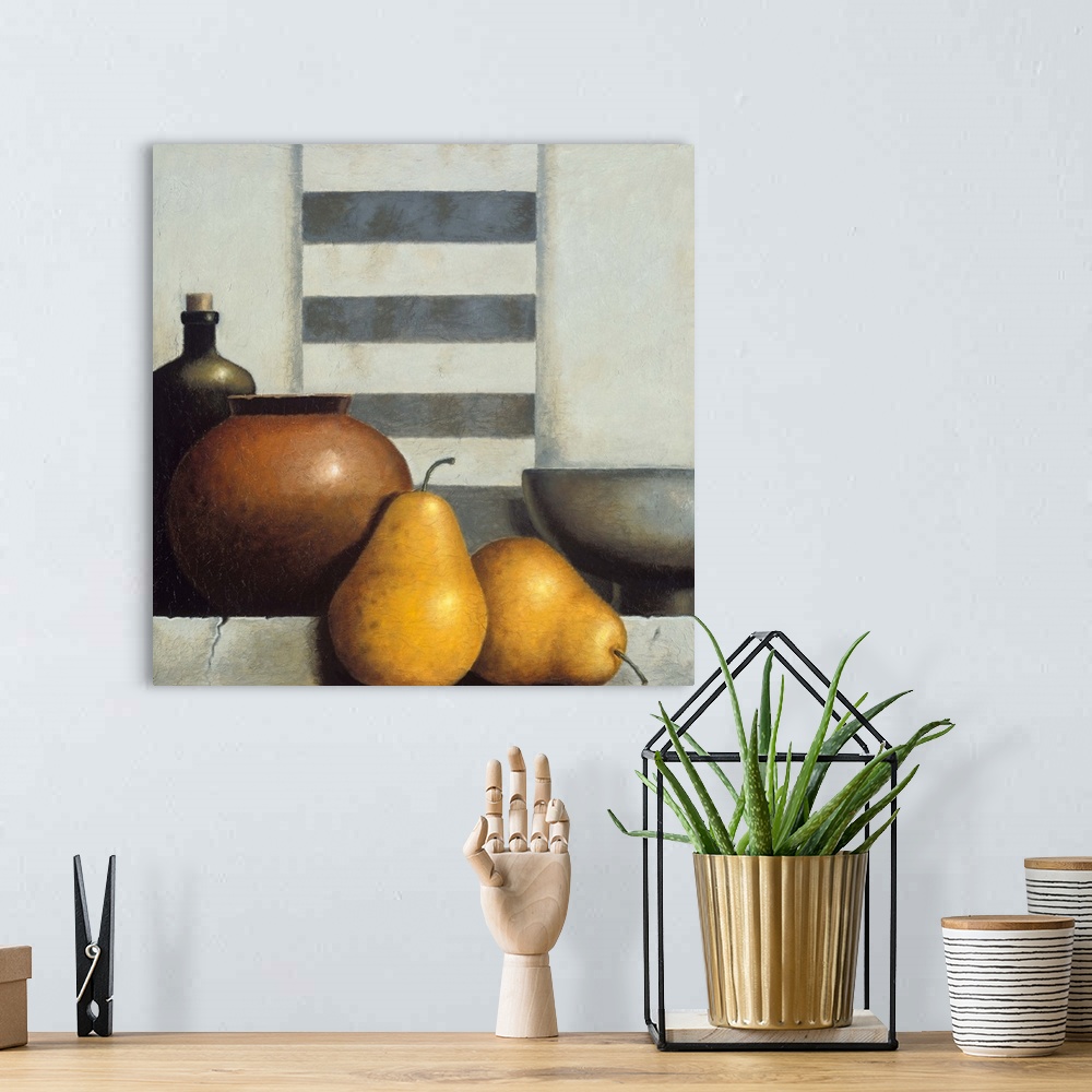 A bohemian room featuring A contemporary painting of a still life of vases and fruit.