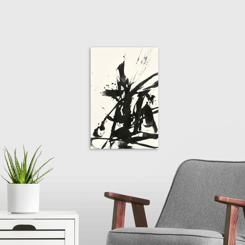A modern room featuring Abstract artwork in black paint on cream.