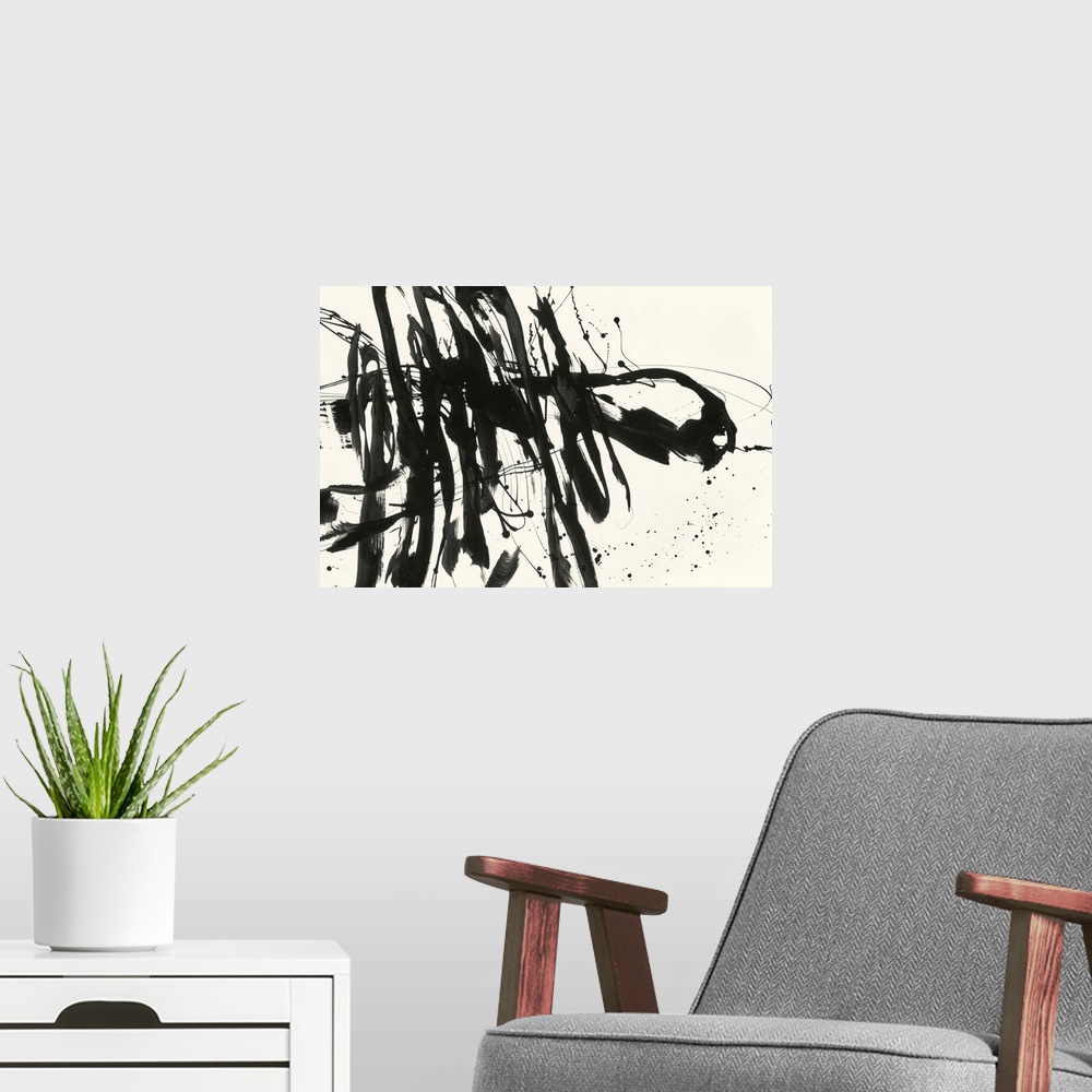 A modern room featuring A contemporary abstract painting using bold black lines against a cream background.