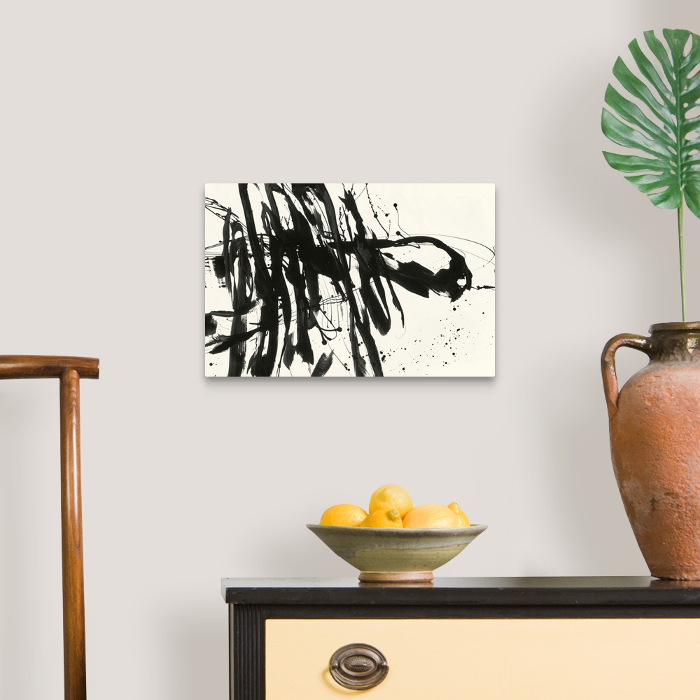 A traditional room featuring A contemporary abstract painting using bold black lines against a cream background.